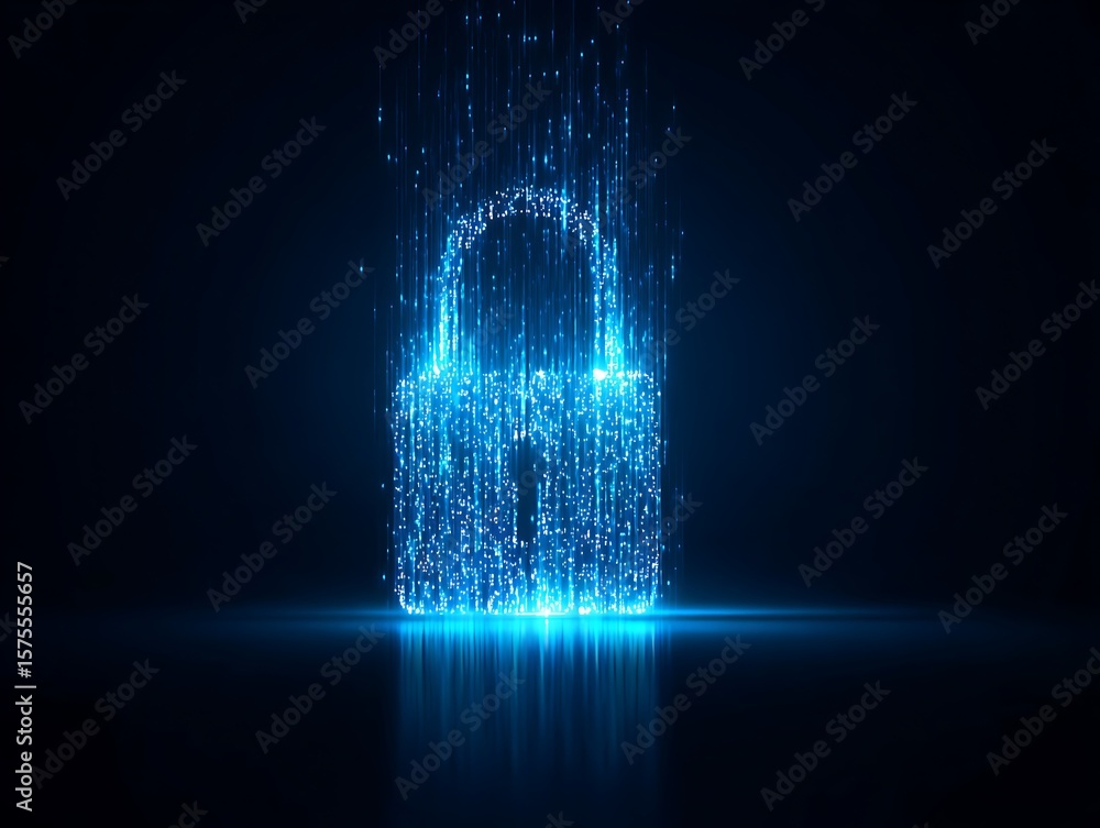 Poster digital lock symbol composed of light particles.