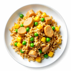 Delicious Pork Fried Rice with Peas and Corn plate isolated on the white background