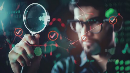 Man holding magnifying glass looking at data visualization with check marks and hexagons overlayed