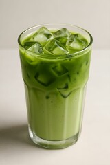 Iced matcha latte. Green tea. Beverage menu. Beverage advertisements, cafe menus, and health drink promotion concept