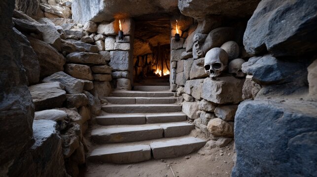 Spiraling Stone Staircase Leading into Mysterious Underground Cave