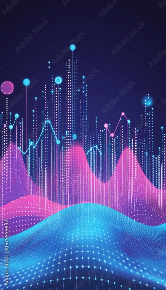 Poster financial data visualization with modern dots and curved paths in pink and light blue graphics