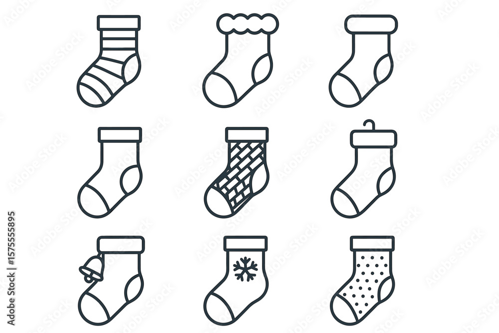 Poster set of nine winter sock icons with various patterns and designs