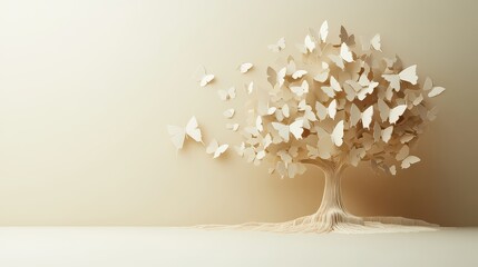 Paper butterflies with flutter from beige tree minimalist background.