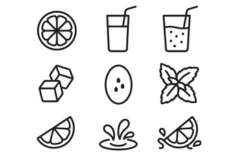 Lemon drink icon set with mint and ice cubes