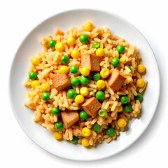 Delicious Pork Fried Rice with Peas and Corn plate isolated on the white background