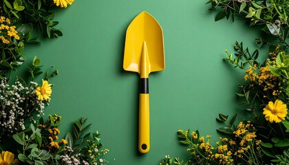 Gardening Trowel & Flowers on Green