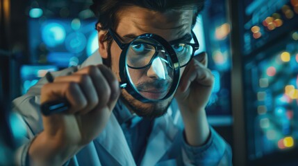 Man in lab coat examines something with a magnifying glass in front of screens with data displays