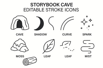 Storybook cave editable stroke icons featuring nature and fantasy symbols