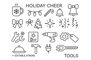 Festive icons: holiday cheer and tool symbols in editable stroke format