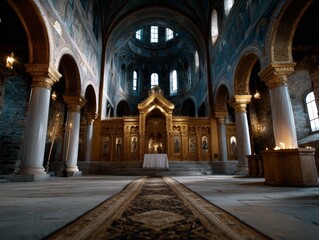 Tranquil Moment Inside a Grand Orthodox Church with Golden Icons