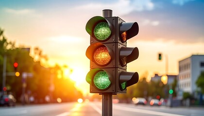 Traffic Light with Green Light Glowing with Sunset Cityscape Background.