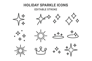 Holiday sparkle icons set with stars and crowns in editable stroke style