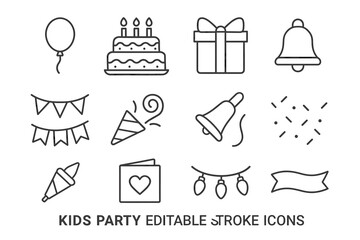 Fototapeta premium Kids party icons: balloon, cake, gift, bell, bunting, party hat, invitation