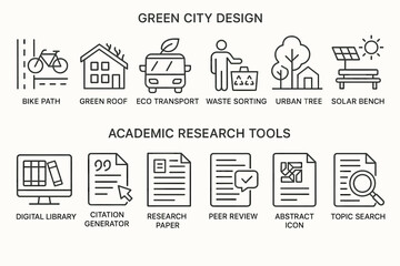Obraz premium Green city design and academic research tools diagram with icons