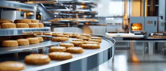 Modern cookie production line with advanced machinery and spiral conveyor belt in action