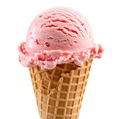 Delicious pink strawberry ice cream cone with rich creamy texture and detailed wafer cone on a transparent background, perfect for summer treats.