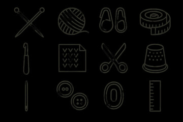 Sewing and knitting tools: knitting needles, yarn, scissors, measuring tape