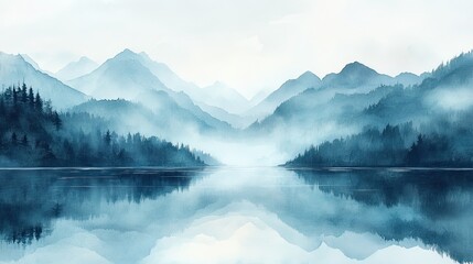 Minimalist watercolor painting of mountain scene | stock photo, tranquil landscape, pastel tones, art print
