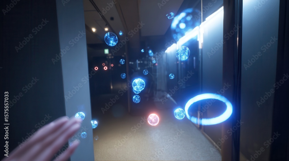 Poster interactive digital display with glowing particles and rings.