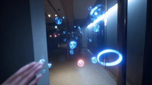 Interactive digital display with glowing particles and rings.