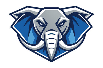 Fierce elephant mascot stares intently with its tusks and blue ears displayed prominently