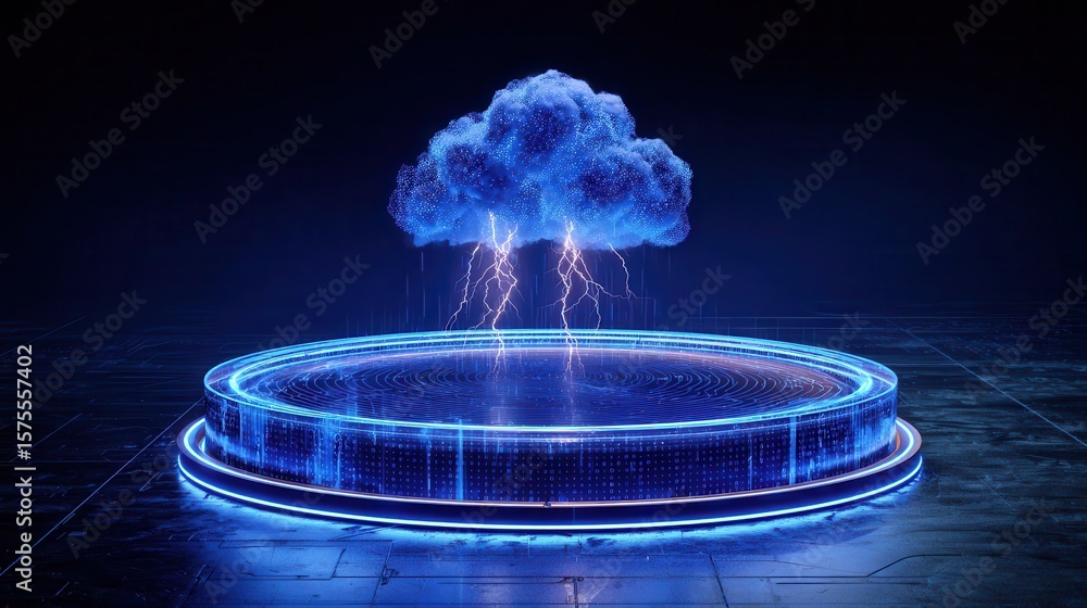 Poster digital cloud computing concept on a glowing platform.