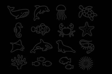 Outline icons of marine animals including dolphin, whale, crab, jellyfish, turtle, and fish