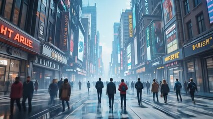 People walking in a futuristic city with a digital overlay. 4k video - Powered by Adobe