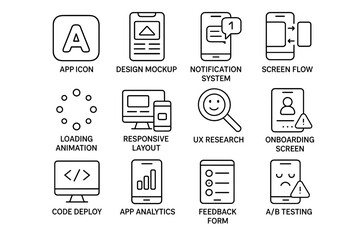 App development icons for ux/ui design including notification system and code deploy