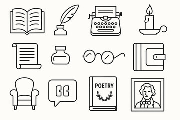Vintage writing tools and literature icons set
