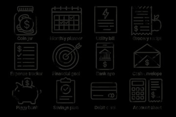 Fototapeta premium Financial planning icons: budgeting, saving, and expense management tools