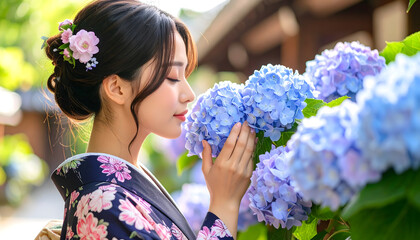 浴衣姿の女性が紫陽花の香りを楽しんでいる