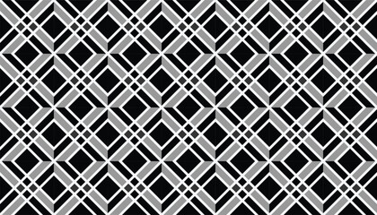 Seamless black and white geometric pattern with interlocking shapes forming a symmetrical optical illusion on a gray-tinted grid