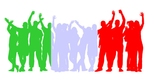 Italy flag over happy people waving hands vector silhouette illustration isolated. Boys girls tourists hand wave saying hi to host. Send off friends goodbye and come again. Family bye bye journey.