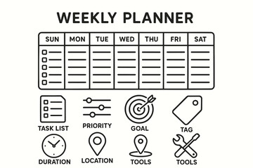 Weekly planner template with task list, priority, goal, and tools icons