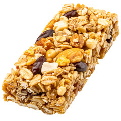 A granola bar filled with nuts, seeds, and dried fruits, showcasing a crunchy texture.