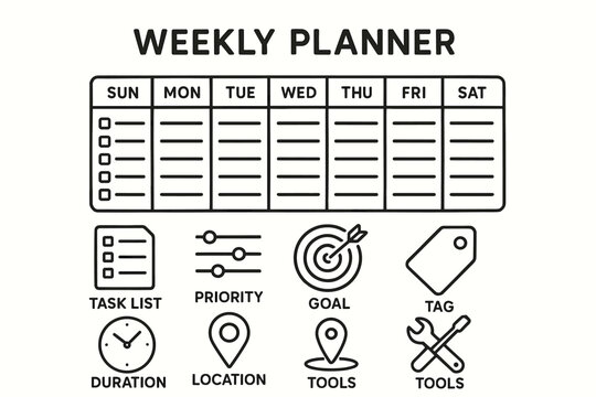 Weekly planner template with task list, priority, goal, and tools icons - Powered by Adobe