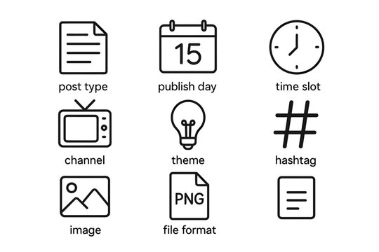 Vector icons for content scheduling: calendar, clock, theme, channel, hashtag