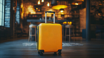 Travel insurance for lost luggage and broken baggage coverage, bright yellow suitcase stands on wooden floor