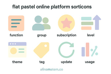 Flat pastel icons for online platforms: function, group, subscription, level