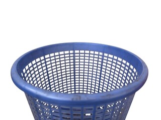 A blue plastic laundry basket or storage bin with a visible perforated design and open top,...