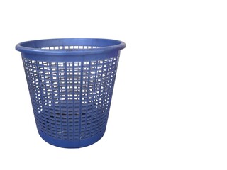 A vibrant blue plastic laundry basket or waste bin with a perforated design, isolated on white...