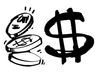 Urban graffiti tag of dollar and coin sign in black marker doodle. Street art style sketch with bold strokes and transparent background.
