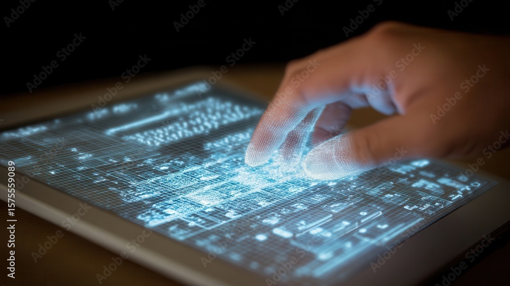 Poster a hand interacts with a glowing tablet screen displaying data.