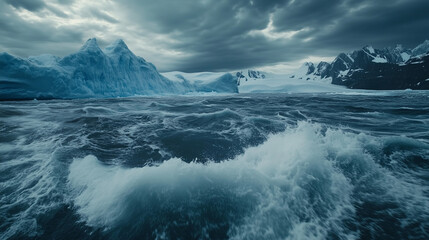 Fototapeta premium Massive Antarctic iceberg melts into swirling ocean currents, symbolizing global climate urgency.