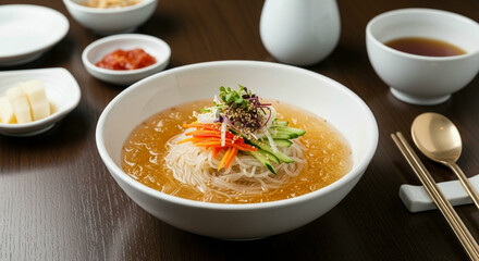 A comforting bowl of Korean ice noodles garnished with green onion and veggies