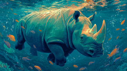 Rhino Swimming Underwater. Generative AI