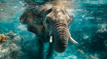 Elephant Diving Underwater Backdrop. Generative AI