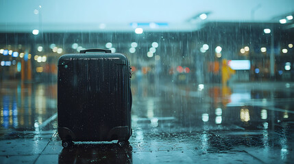 Travel insurance for lost luggage and broken baggage coverage, lonely black suitcase stands